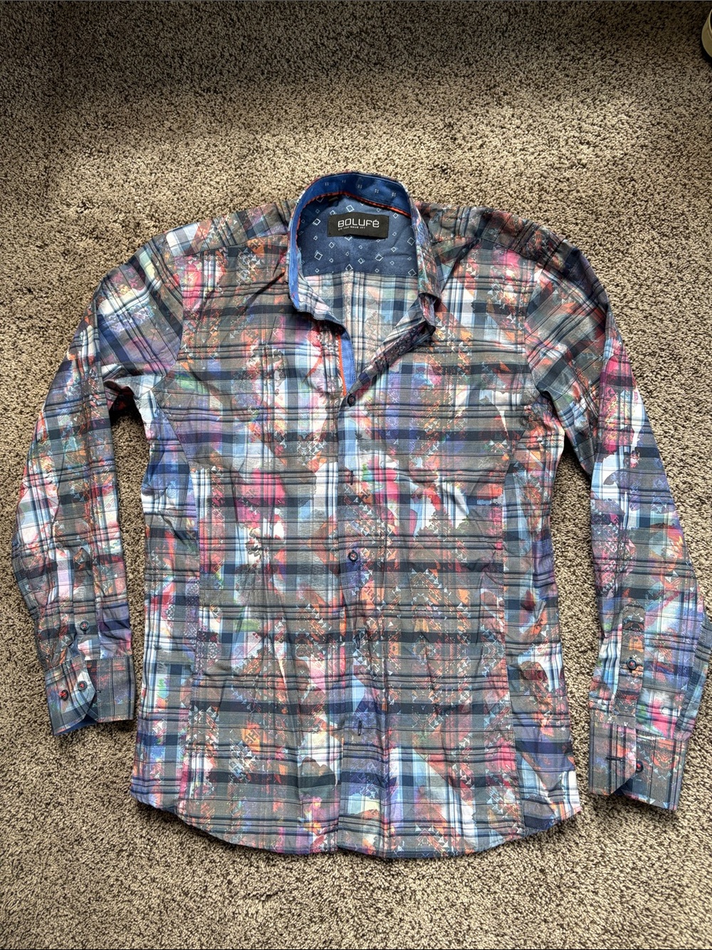 Bolufe Multicolor Plaid Long-Sleeve Button-Down Shirt - Blue/Gray/Pink
